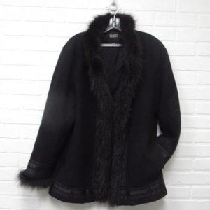 Vintage Hilary Radley Black Wool Jacket Faux Fur Satin Trim